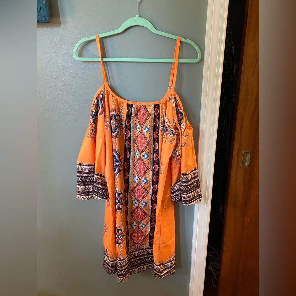 Size L Boho Cold Shoulder Mini Dress with Pockets